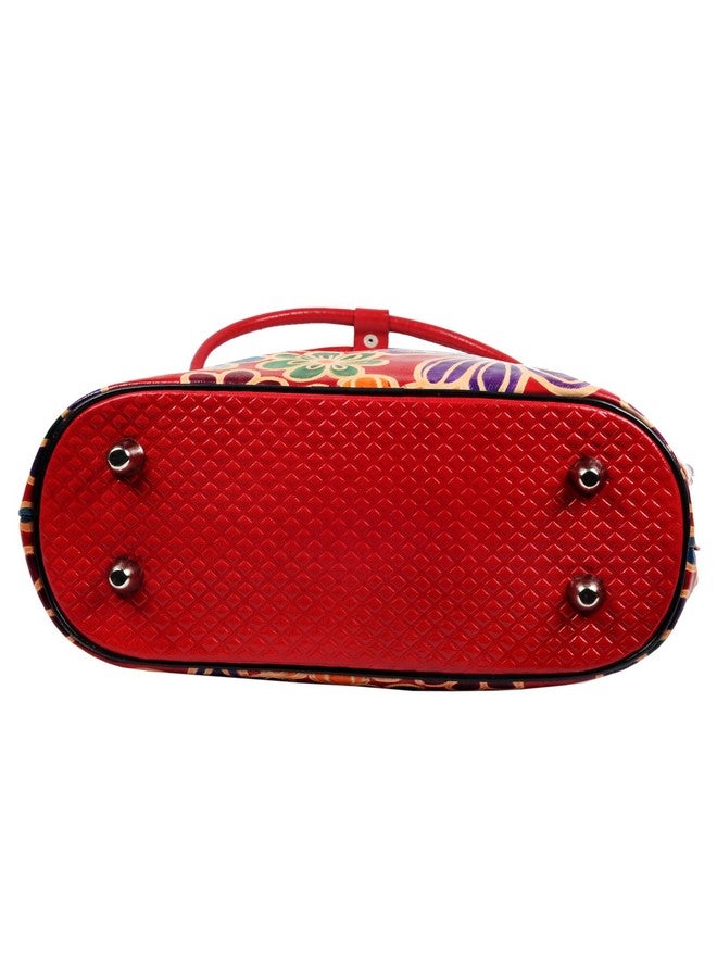 ZINT Women's Hand Painted Genuine Leather Shantiniketan Boho Floral Red Beach Tote Shopping Bag - Image 5