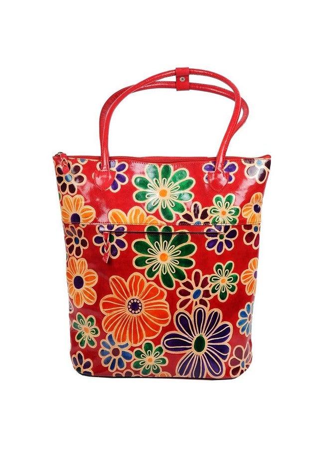 ZINT Women's Hand Painted Genuine Leather Shantiniketan Boho Floral Red Beach Tote Shopping Bag - Image 2