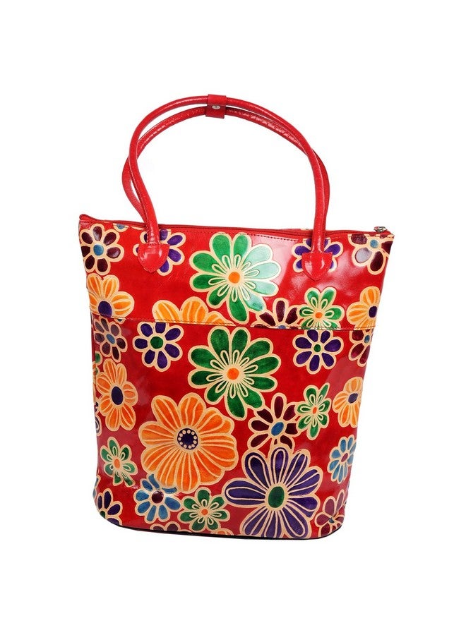 ZINT Women's Hand Painted Genuine Leather Shantiniketan Boho Floral Red Beach Tote Shopping Bag - Image 1