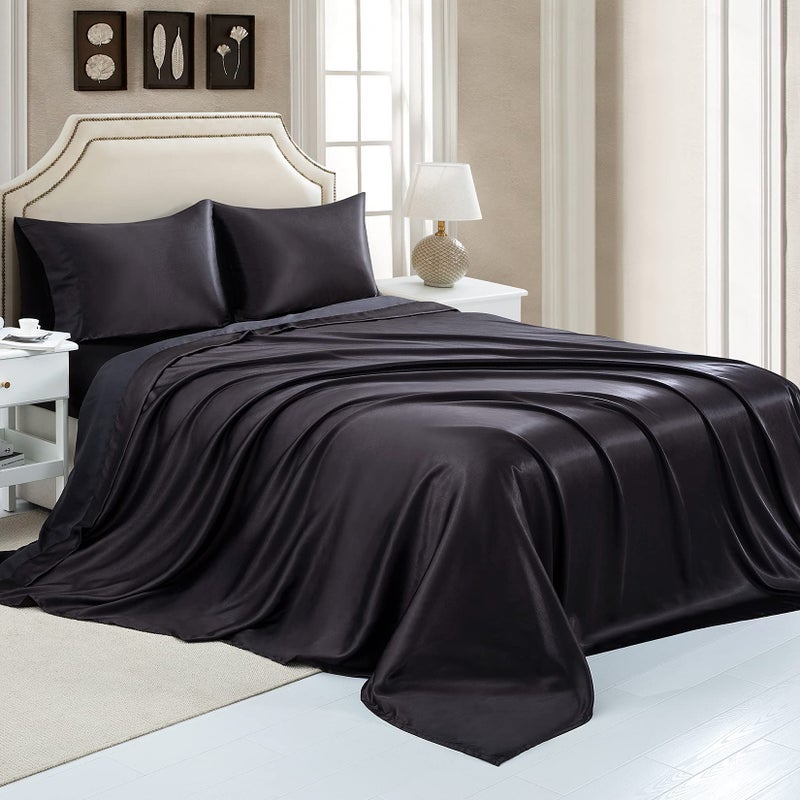 Luxbedding Satin Flat Sheet Only  Full Flat Sheet  1 - Piece Black Top Sheet  Extra Soft Silk Flat Bed Sheets Sold Separately Full - Black  - Image 2