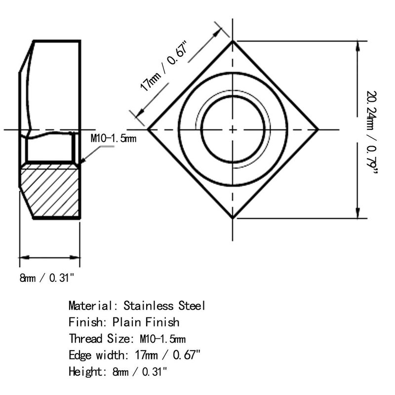 DGZ 30pcs M10-1.5mm Stainless Steel Square Nuts ，Metric Coarse Thread - Image 2