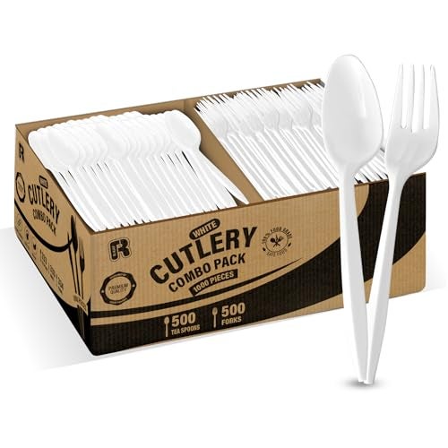 R-kay 1000 Pcs Plastic Utensils Set - 500 Forks And 500 Spoons - Premium Plastic Forks And Spoons - Medium Weight Silverware Set - Bulk Disposable Cutlery - Image 1