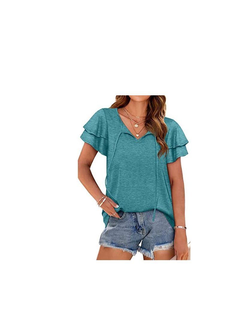Loquat New Women's V-neck Double-layer Lotus Leaf Short Sleeve T-Thirt  - Image 1