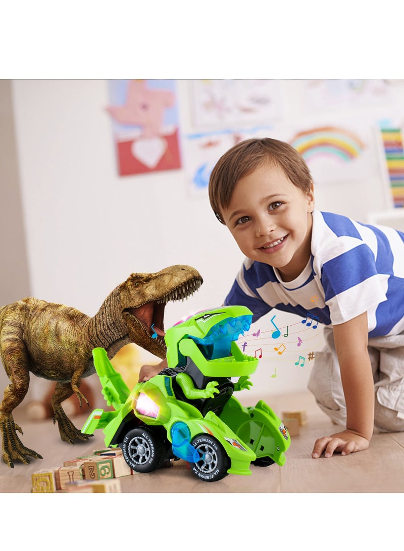 Dinosaur Car Toys, with LED Lights and Music,Automatic Transforming 2-in-1 Dinosaur Transformer Toy for Kids (Green) - Image 1