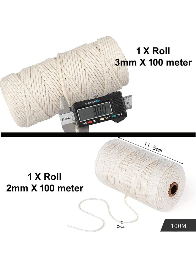 Premify 2 Packs 2Mm + 3Mm White Cotton Rope Macrame Cord, Natural Durable Long Rope Handmade Art Material For Craft Wall, Hanging Plants, Drawstrings, Gardening, Home Decorations (200 Meters)  - Image 2