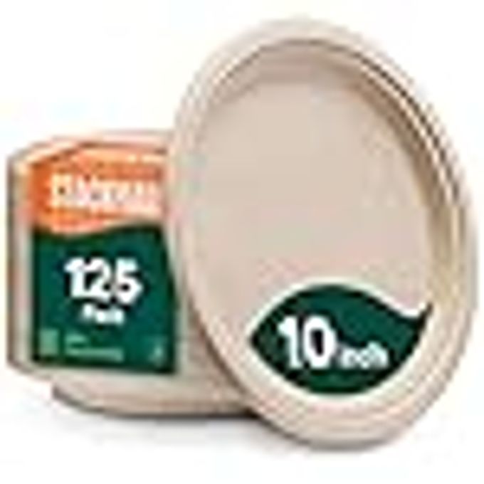 PAPER PLATES 100 COMPOSTABLE HEAVY DUTY DISPOSABLE 10 INCH PLATE 125PACK ECOFRIENDLY BIODEGRADABLE BAGASSE PFASFREE BPI CERTIFIED