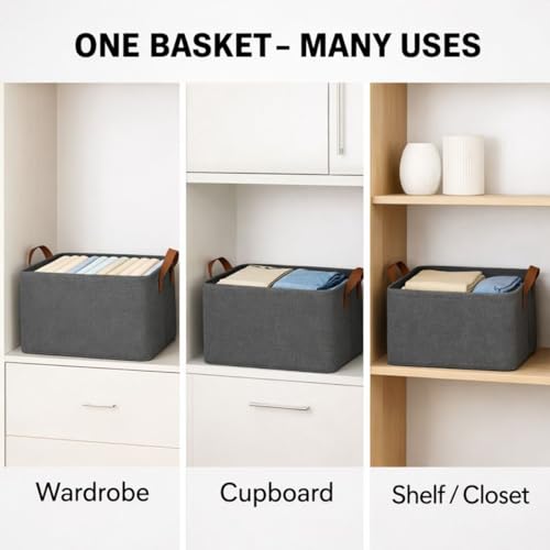 DALUCI 5 Pcs Wardrobe Organizer for Clothes – Foldable Fabric Storage Box with Metal Frame | Storage Basket for Almirah, Cupboard, Jeans & Sweaters (Grey) - Image 5
