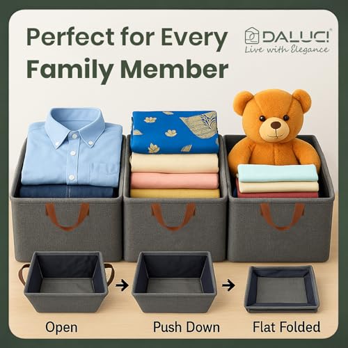 DALUCI 5 Pcs Wardrobe Organizer for Clothes – Foldable Fabric Storage Box with Metal Frame | Storage Basket for Almirah, Cupboard, Jeans & Sweaters (Grey) - Image 3