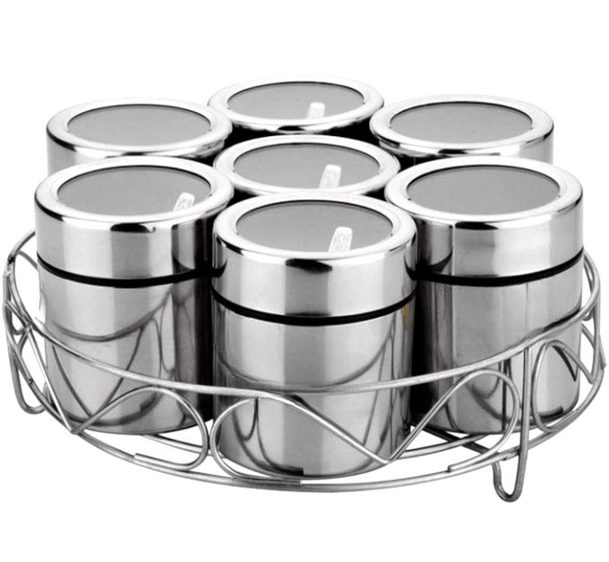 STAINLESS STEEL MASALA DABBA 200 ML SPICE CONTAINER MASALA DABBA FOR KITCHEN MASALA DANI MASALA STEEL DABBA MASALA BOX 7PC JARS 7PC SPOONS 1PC STAND