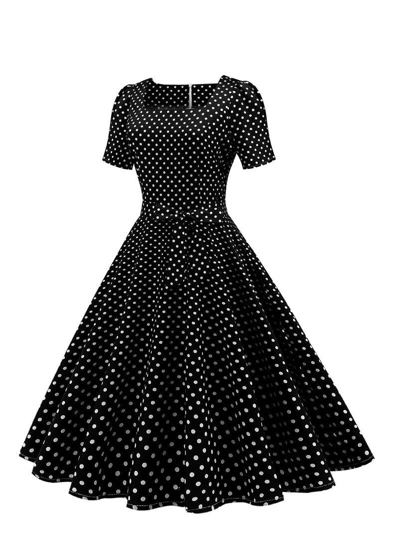 Loquat Wave Dot Print Waist Wrap Dress Black  - Image 1
