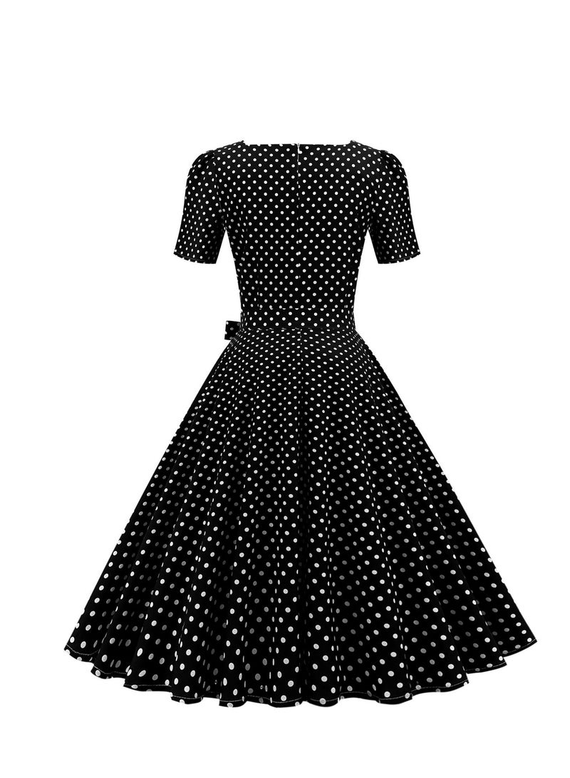 Loquat Wave Dot Print Waist Wrap Dress Black  - Image 2
