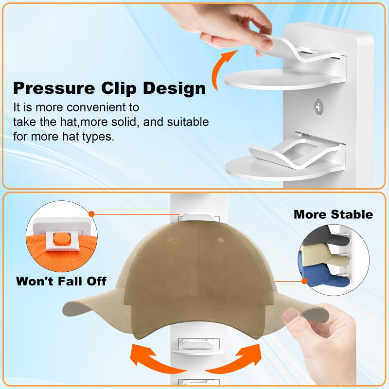 Fododo 2 Pack Hat Organizer for Baseball Caps, Hat Rack for Wall Hold Up 16 Hats, Strong Adhesive & Screw-in Cap Holder hat hangers for Closet Door & Bedroom (White-2Pcak) - Image 4