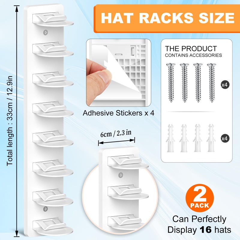 Fododo 2 Pack Hat Organizer for Baseball Caps, Hat Rack for Wall Hold Up 16 Hats, Strong Adhesive & Screw-in Cap Holder hat hangers for Closet Door & Bedroom (White-2Pcak) - Image 2