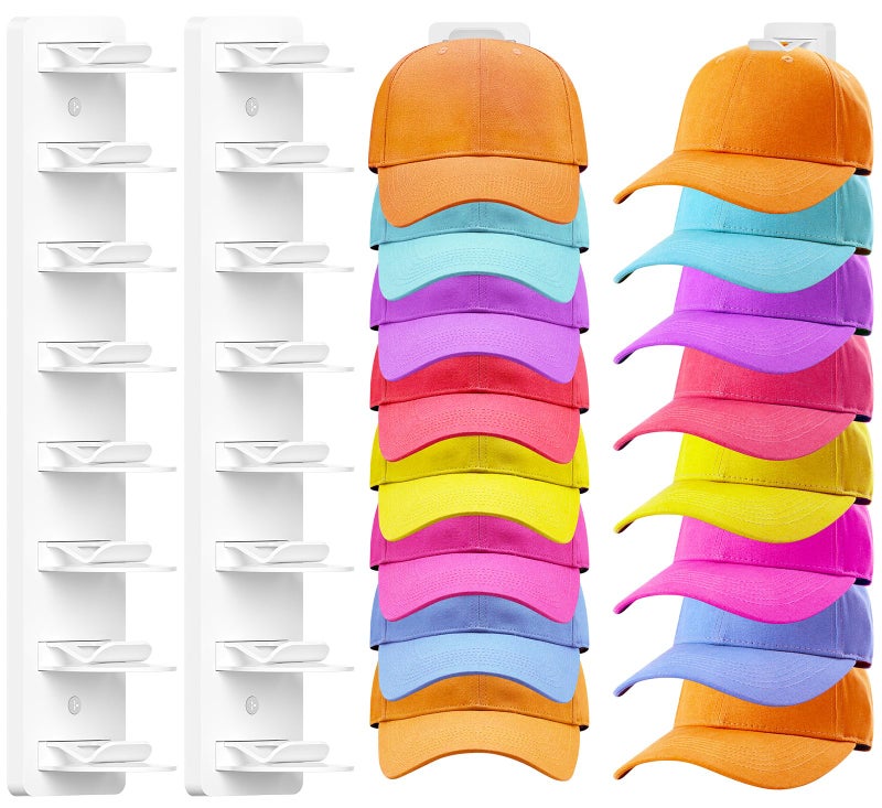 Fododo 2 Pack Hat Organizer for Baseball Caps, Hat Rack for Wall Hold Up 16 Hats, Strong Adhesive & Screw-in Cap Holder hat hangers for Closet Door & Bedroom (White-2Pcak) - Image 1