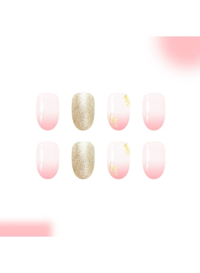 Goolsky أظافر مستعارة بيضاوية قصيرة بتدرج وردي و glitters ذهبية - Image 3