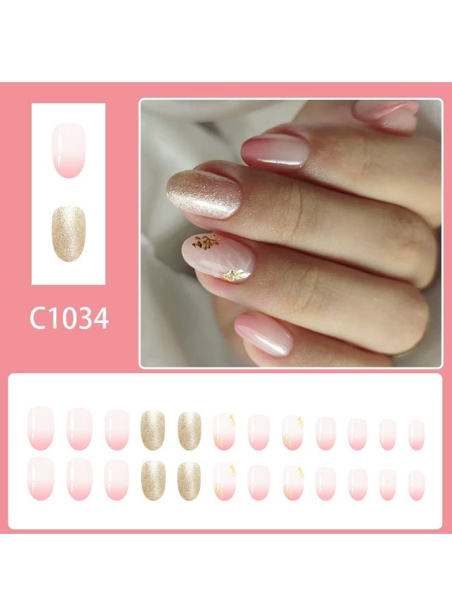 Goolsky أظافر مستعارة بيضاوية قصيرة بتدرج وردي و glitters ذهبية - Image 4