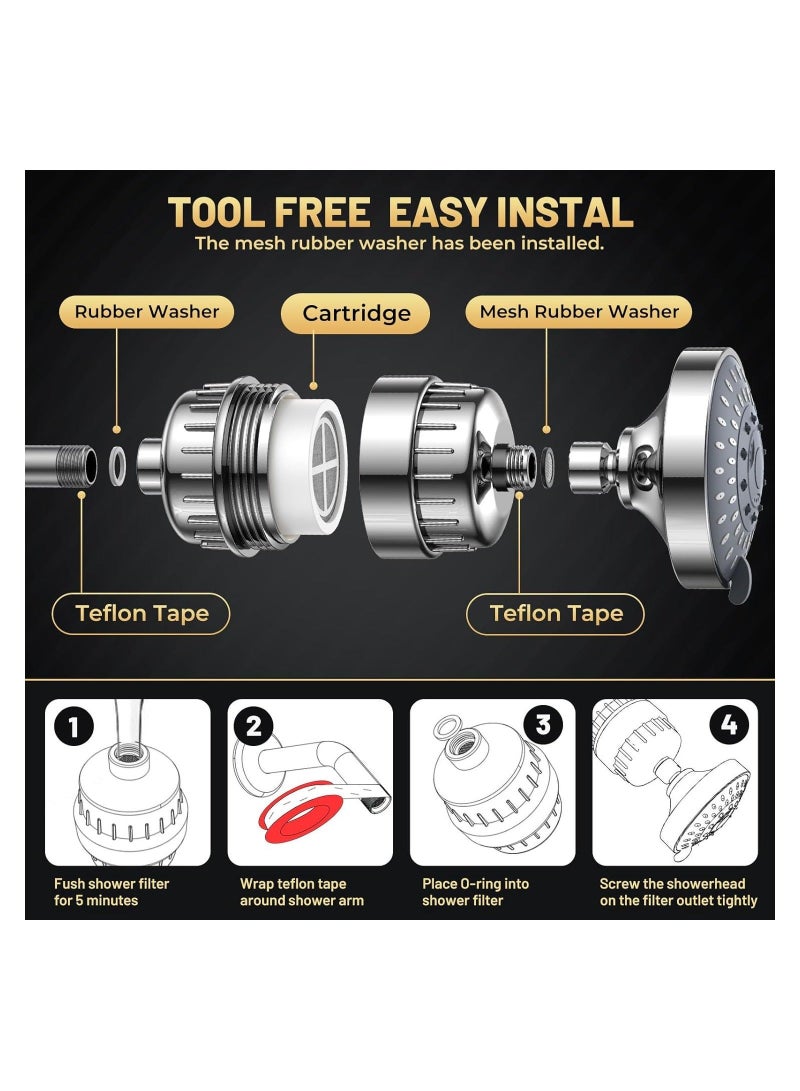 ABJ Filtered Shower Head 20 Stage Shower Filter Combo High Pressure Rain Shower Heads Filter for Hard Water Detachable 5 Modes Adjustable Water Softener Remove Chlorine Fluoride (Chrome) - Image 5