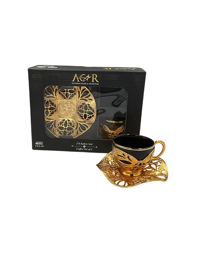 أكار طقم قهوة تركية فاخر من فنجانين مع حوامل وصحون بالتراث العثماني الأنيق باللون الأسود والذهبي – صناعة تركية - Image 4