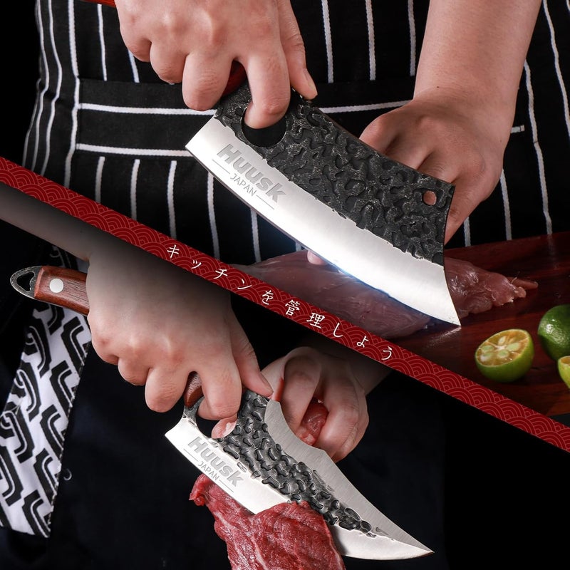 Huusk Butcher Knife Set Hand Forged Serbian Chef Knife Viking Boning Knife Cleaver Knife 3PCS Kitchen Knife Set for Meat Cutting Home & Outdoor Cooking BBQ Knives Gift for Men - Image 3
