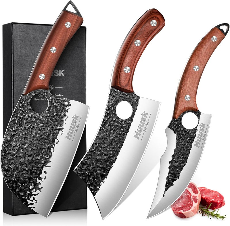 Huusk Butcher Knife Set Hand Forged Serbian Chef Knife Viking Boning Knife Cleaver Knife 3PCS Kitchen Knife Set for Meat Cutting Home & Outdoor Cooking BBQ Knives Gift for Men - Image 1