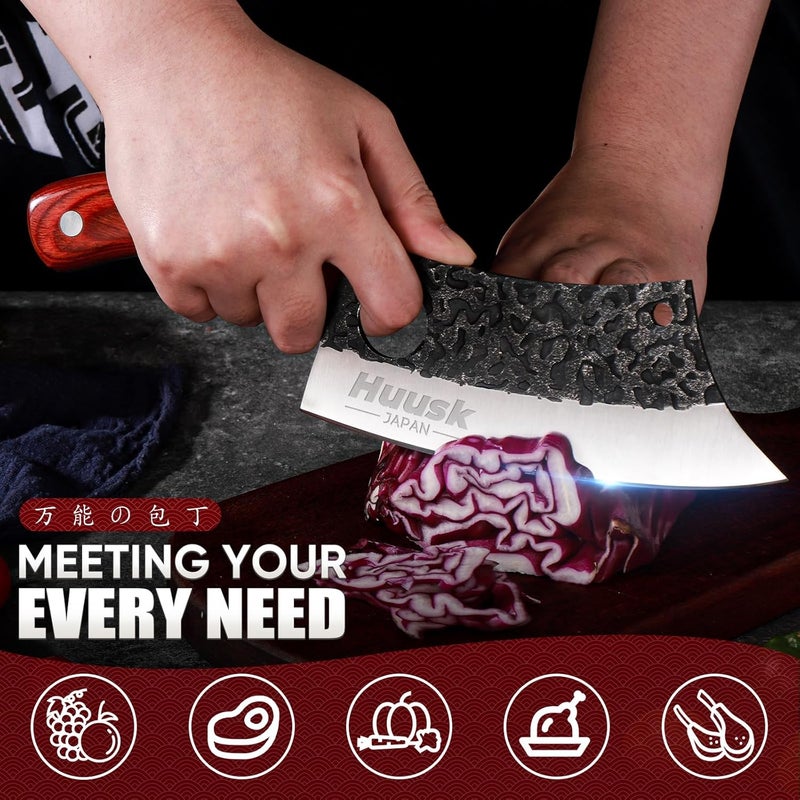 Huusk Butcher Knife Set Hand Forged Serbian Chef Knife Viking Boning Knife Cleaver Knife 3PCS Kitchen Knife Set for Meat Cutting Home & Outdoor Cooking BBQ Knives Gift for Men - Image 5