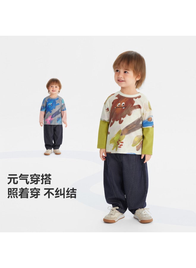 Color Blocking Versatile] Boys' T-shirt Long Sleeve Spring/autumn Style Baby Fake Two-piece Top Children's Base Layer Girl's - Image 4