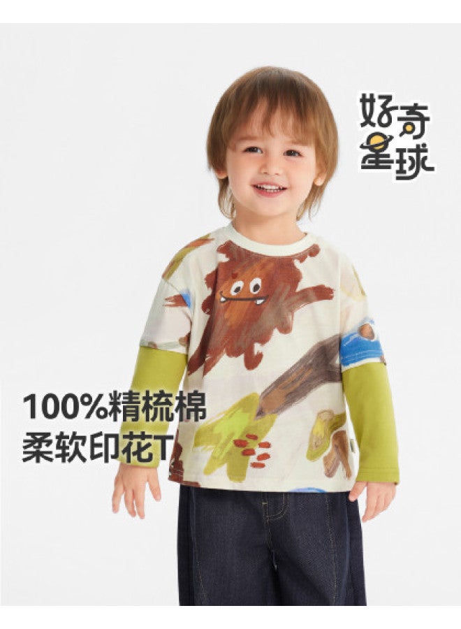 Color Blocking Versatile] Boys' T-shirt Long Sleeve Spring/autumn Style Baby Fake Two-piece Top Children's Base Layer Girl's - Image 1