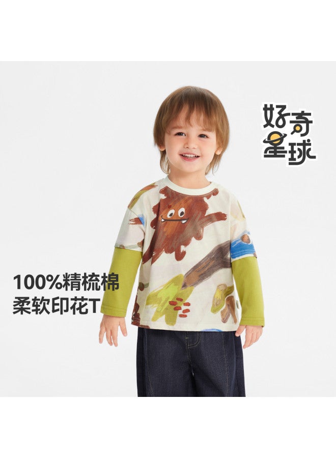 Color Blocking Versatile] Boys' T-shirt Long Sleeve Spring/autumn Style Baby Fake Two-piece Top Children's Base Layer Girl's - Image 2
