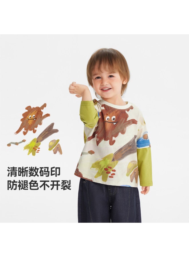 Color Blocking Versatile] Boys' T-shirt Long Sleeve Spring/autumn Style Baby Fake Two-piece Top Children's Base Layer Girl's - Image 3