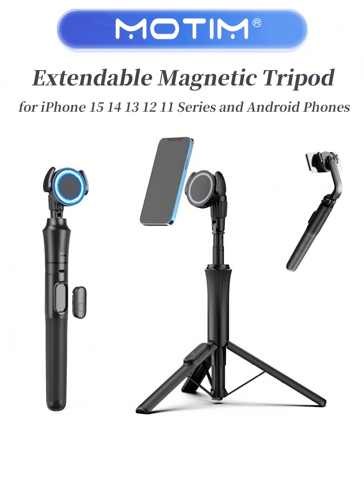 Motim 1.6m Magnetic Tripod for iPhone Extendable Stand with Remote for iPhone 15/14/13/12 & Android Phones