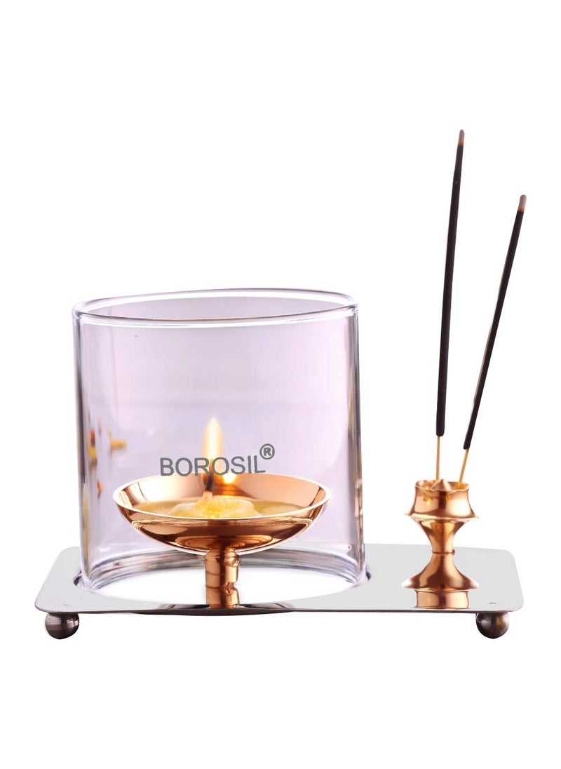 BOROSIL Borosil Aarti Diya Decorative Brass Glass Oil Lamp Tea Light Holder Diya with Borosilicate Glass Puja Dia for Mandir Lantern Diya with Glass Cover  - Image 2