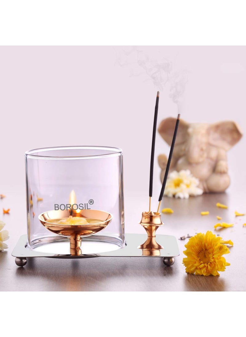 BOROSIL Borosil Aarti Diya Decorative Brass Glass Oil Lamp Tea Light Holder Diya with Borosilicate Glass Puja Dia for Mandir Lantern Diya with Glass Cover  - Image 1