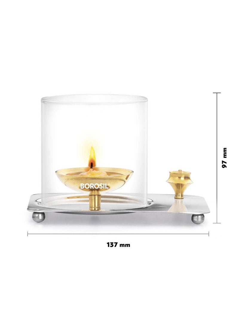BOROSIL Borosil Aarti Diya Decorative Brass Glass Oil Lamp Tea Light Holder Diya with Borosilicate Glass Puja Dia for Mandir Lantern Diya with Glass Cover  - Image 3