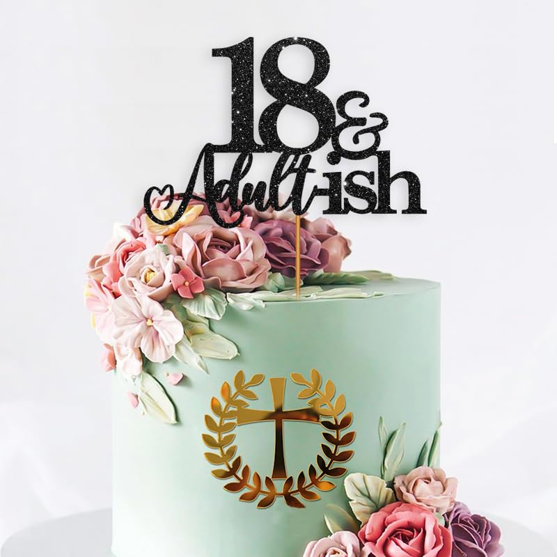 Oarkive 18th Birthday Cake Topper Black Glitter Happy 18th Birthday Cake Topper 18 Cake Topper and Adultish for 18 Birthday Decorations 18th Birthday Decor 18th Birthday Decorations for Girls Boys - Image 3