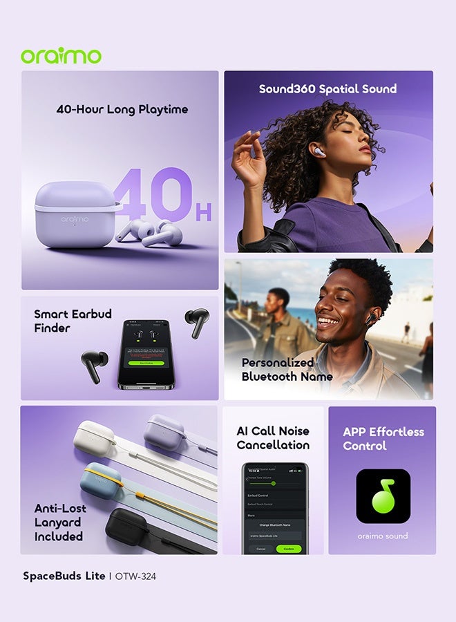 أورايمو سبيس بودز لايت OTW-324 سماعات أذن لاسلكية حقيقية، صوت ثلاثي الأبعاد Sound360 مع مكالمات واضحة كريستالية بفضل الذكاء الاصطناعي، سماعة بلوتوث، ملائمة مريحة، 40 ساعة من وقت التشغيل، سماعات أذن مقاومة للماء - أبيض - Image 3