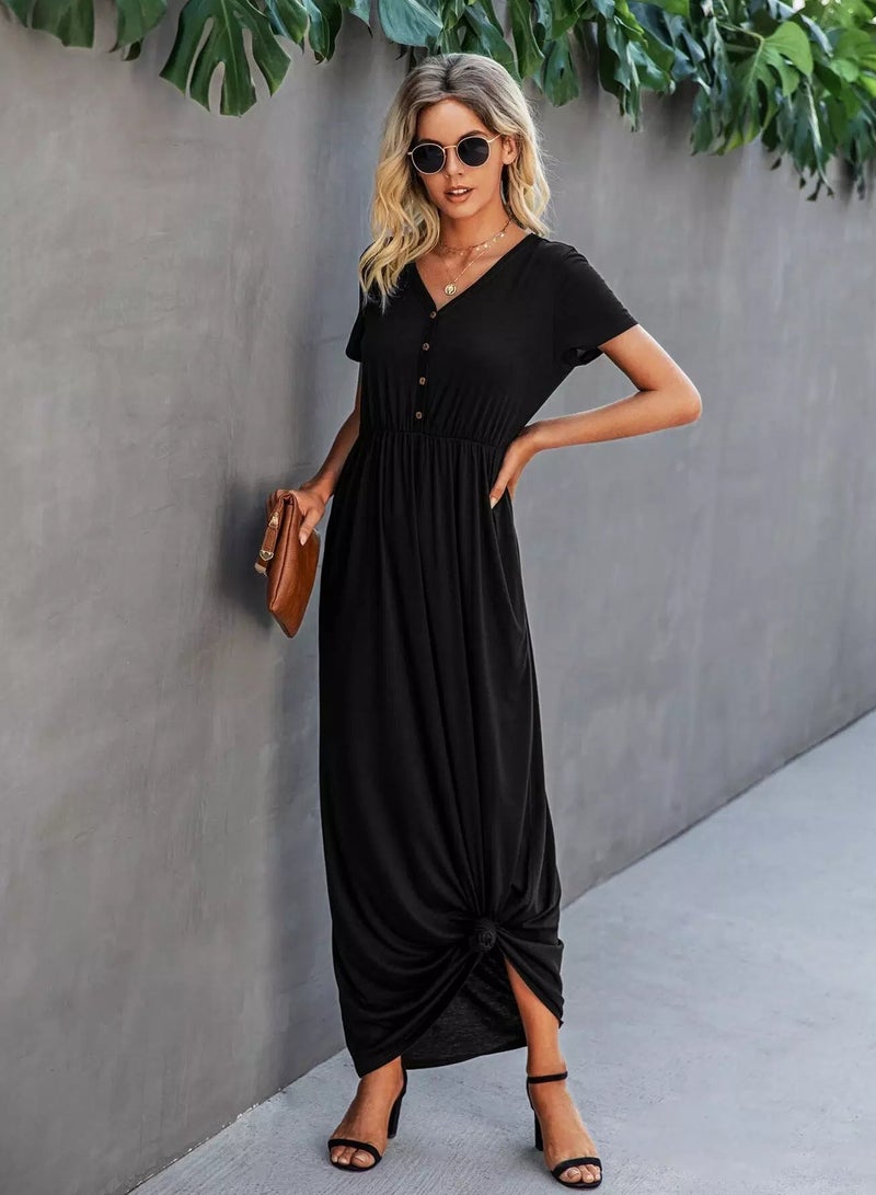 Button Front V-neck A-line Dress  - Image 3