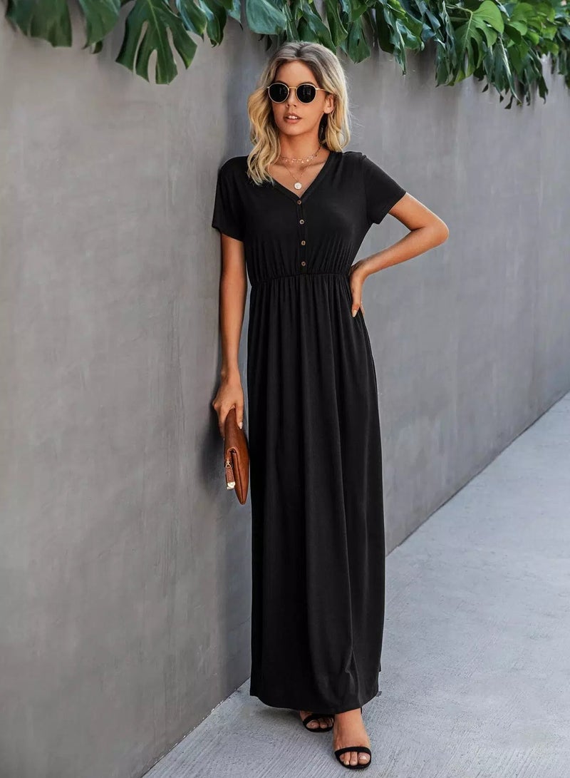 Button Front V-neck A-line Dress  - Image 1