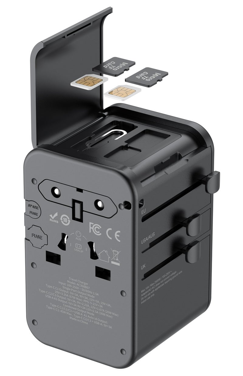 بودي شاحن سفر عالمي، بقوة 67 واط وتقنية GaN 3 (3 منافذ USB-C ومنفذ USB-A واحد)، يدعم الشحن السريع PD بقوة 67 واط وQC3.0 بقوة 18 واط، محول عالمي، صندوق تخزين لبطاقات TF/SIM، لون أسود. - Image 1