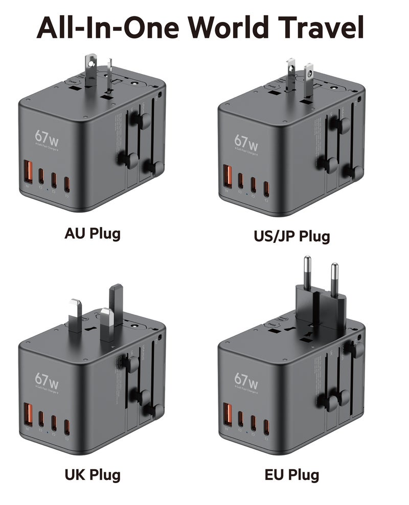 بودي شاحن سفر عالمي، بقوة 67 واط وتقنية GaN 3 (3 منافذ USB-C ومنفذ USB-A واحد)، يدعم الشحن السريع PD بقوة 67 واط وQC3.0 بقوة 18 واط، محول عالمي، صندوق تخزين لبطاقات TF/SIM، لون أسود. - Image 2