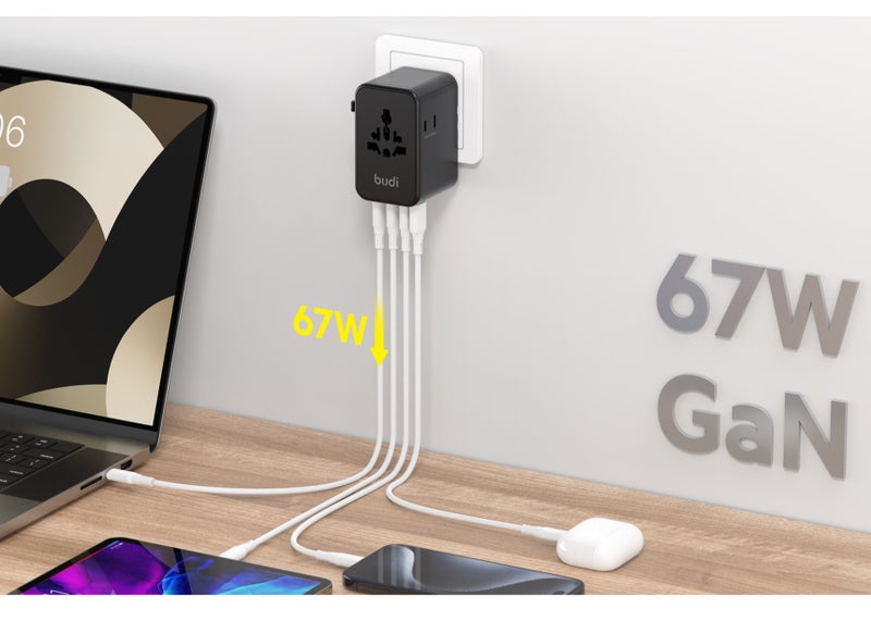 بودي شاحن سفر عالمي، بقوة 67 واط وتقنية GaN 3 (3 منافذ USB-C ومنفذ USB-A واحد)، يدعم الشحن السريع PD بقوة 67 واط وQC3.0 بقوة 18 واط، محول عالمي، صندوق تخزين لبطاقات TF/SIM، لون أسود. - Image 3