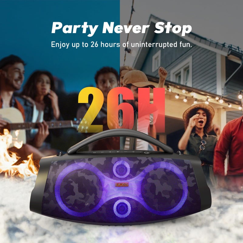 DOSS Extreme Boom Pro D200 240W Peak Outdoor Speaker, Punchy Bass, 26H Playtime, Beat-Synced Light, BT5.4, Stereo Pairing, IPX6 Waterproof for Camping, Beach, Tailgate Party-Camo Black - Image 3