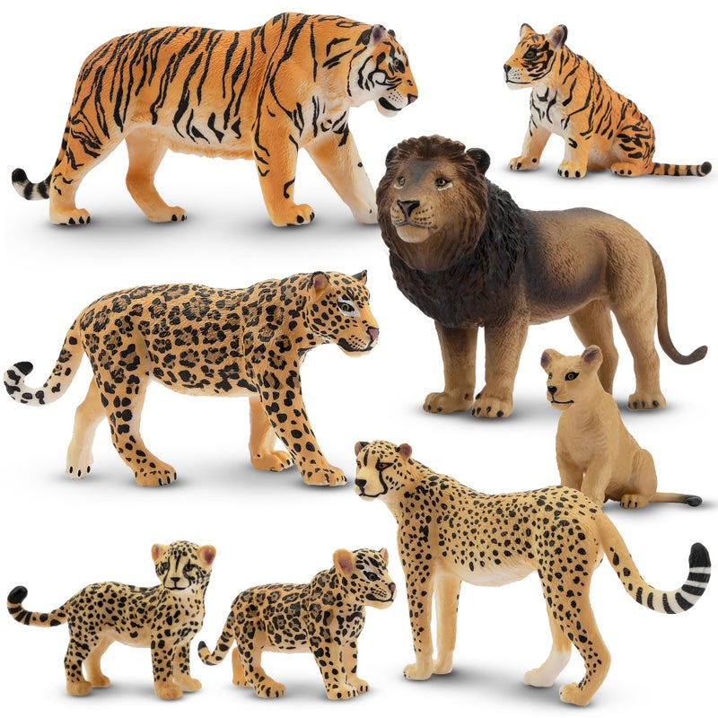 Toymany 8PCS 2-5" Plastic Jungle Animals Figures Playset Includes Baby Animals, Realistic Lion, Tiger, Cheetah, Leopard Figurines with Cubs, Cake Toppers Christmas Birthday Toy Gift for Kids Toddlers - Image 1