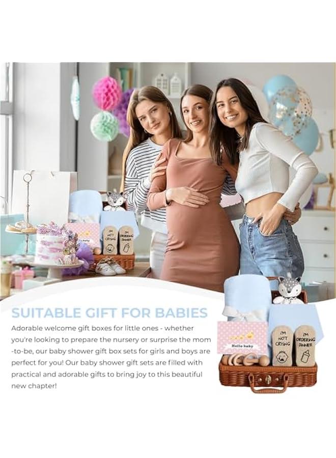 هوكور هدايا حفلات استقبال المولود الجديد من بورتالوف، سلة من الخيزران تتضمن بطانية لحديثي الولادة، بطانية امان للاطفال، لعبة خشخيشة خشخيشة خشخيشة، مرايل اطفال مرحة وبطاقة تهنئة، هدية اساسية فريدة للاطفال - Image 5