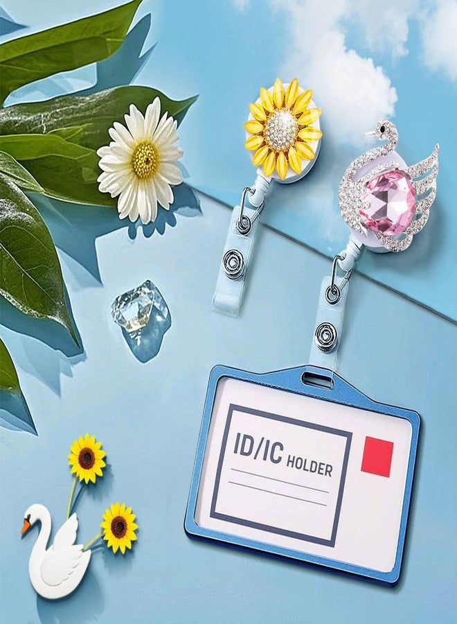 HASFINE 2 Pack Badge Reel Retractable Cute Swan Sunflower Badge Holders Bling Glitter Handmade ID Name Card Holder with Alligator Clip for Work Office Nurse Teacher Student - Image 2