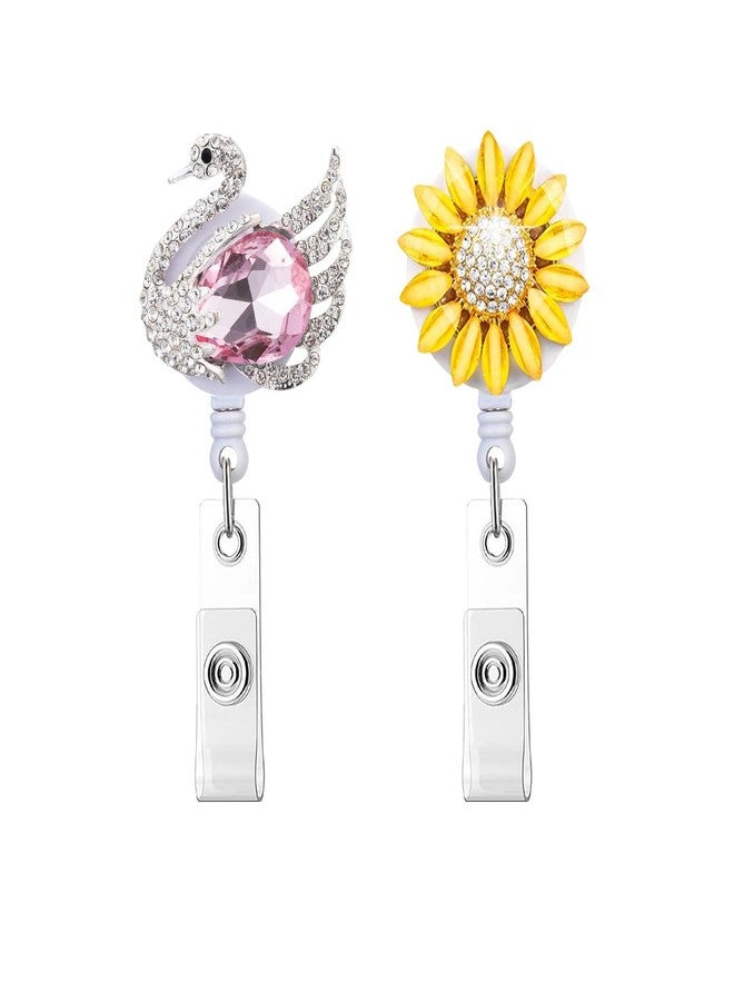 HASFINE 2 Pack Badge Reel Retractable Cute Swan Sunflower Badge Holders Bling Glitter Handmade ID Name Card Holder with Alligator Clip for Work Office Nurse Teacher Student - Image 1