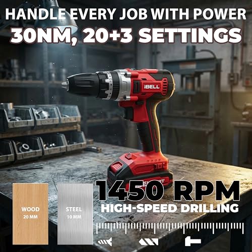 IBELL TOOLS iBELL One Power Series Cordless Impact Drill CD20-30 | 20V Brushed Motor | 30Nm Torque | 2-Speed Gearbox | 10mm Automatic Chuck | 1450 RPM | Includes 2.0Ah Battery, Charger & BMC Box - Image 4