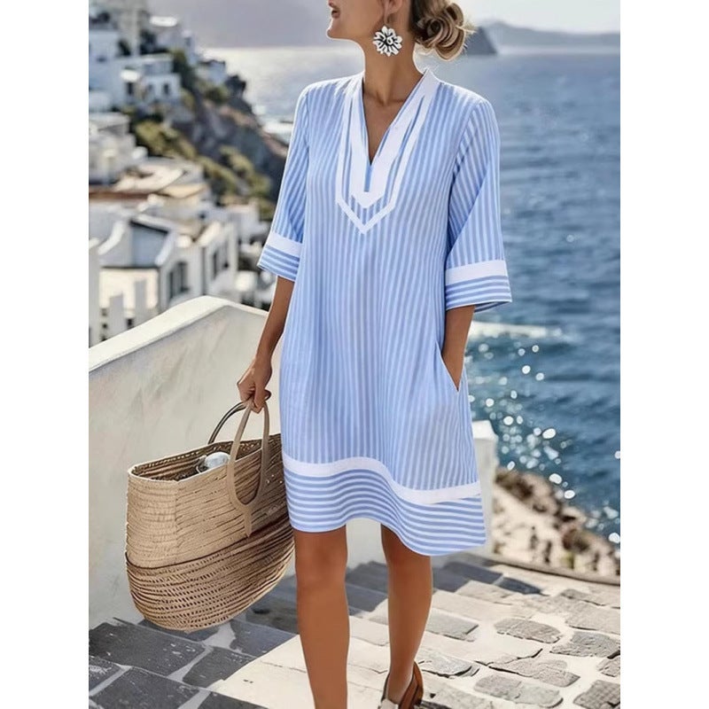 Bohemian Print V-Neck Beach Dress - Image 1