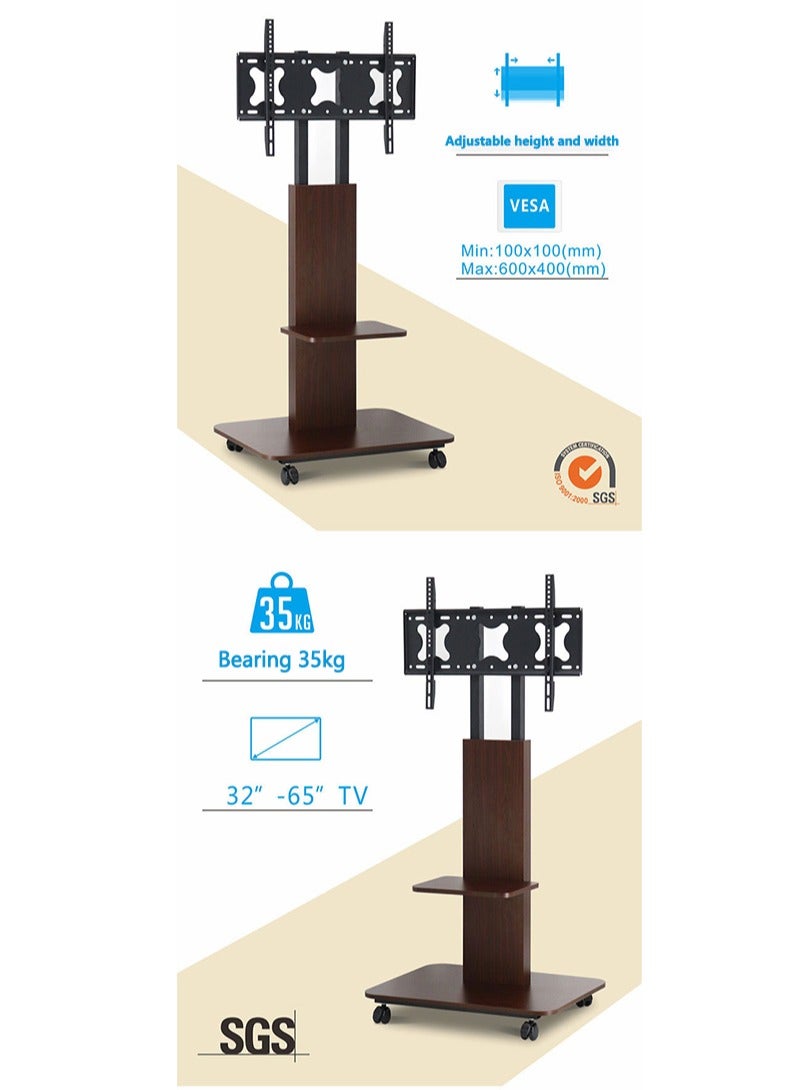 فلاشهوك حامل تلفزيون أرضي متحرك لشاشة تلفزيون مقاس 32-65 بوصة، عربة حامل تلفزيون خشبي مع أرفف تخزين لغرفة النوم والمكتب المنزلي الخارجي - Image 3