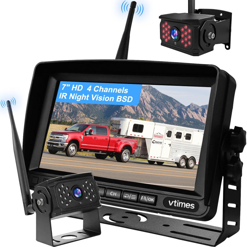 VTimes Wireless Backup Camera for Trucks, RV Backup Camera Wireless with 7" HD Monitor, 4 Channels Split Screen, BSD Alert, 984ft Signal Range, IP69K Waterproof IR Night Vision Wide Angle, DIY Guide Lines - Image 1