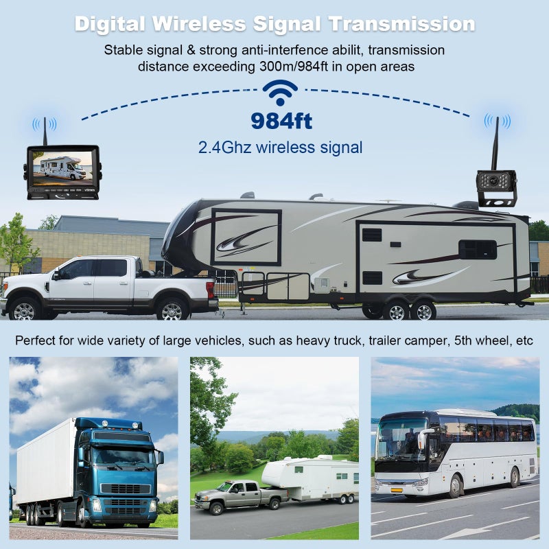 VTimes Wireless Backup Camera for Trucks, RV Backup Camera Wireless with 7" HD Monitor, 4 Channels Split Screen, BSD Alert, 984ft Signal Range, IP69K Waterproof IR Night Vision Wide Angle, DIY Guide Lines - Image 3